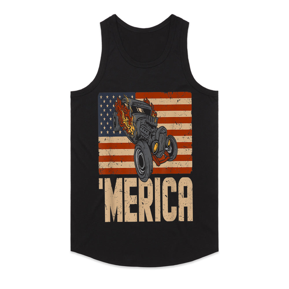 MERICA Hot Rod T-Shirt – Vintage American Flag & Muscle Car Design