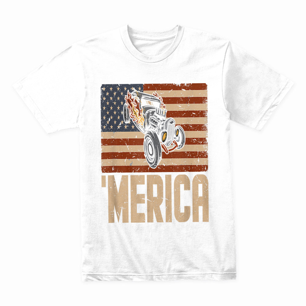 MERICA Hot Rod T-Shirt – Vintage American Flag & Muscle Car Design