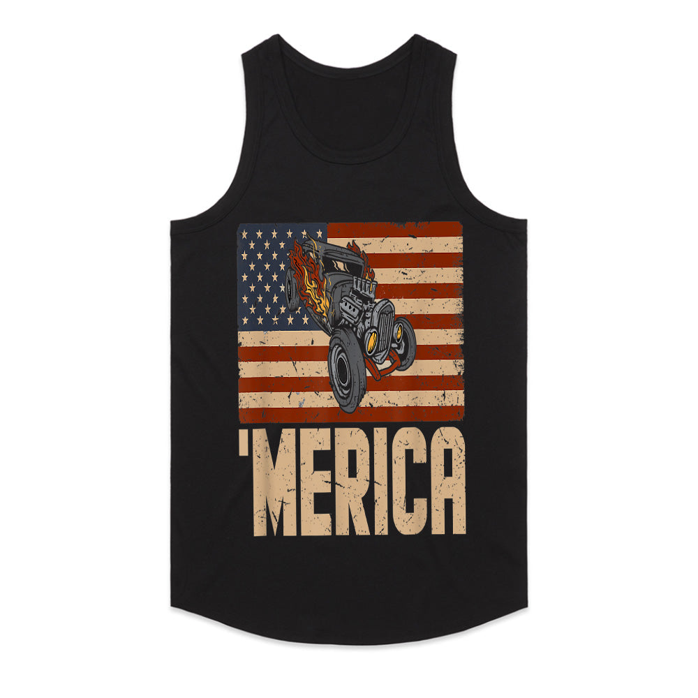 MERICA Hot Rod T-Shirt – Vintage American Flag & Muscle Car Design