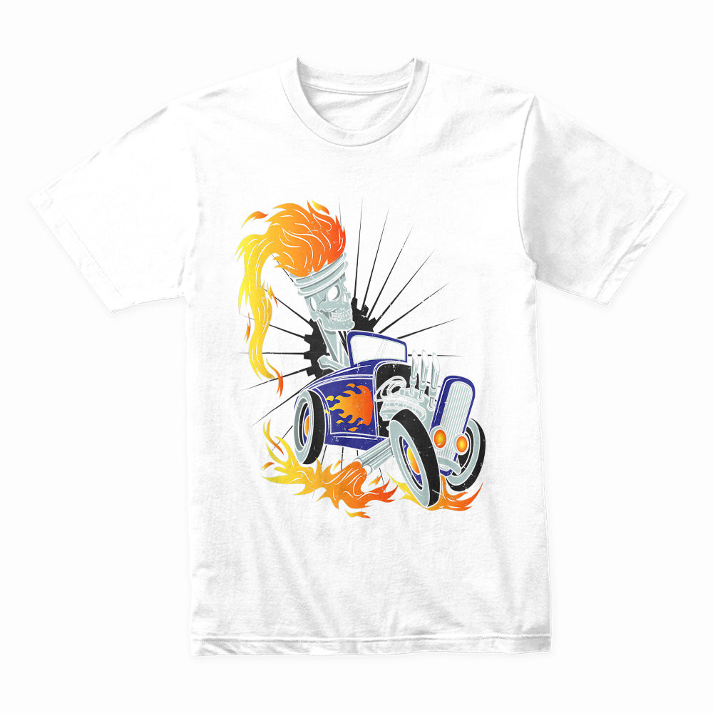Skeleton Hot Rod T-Shirt – Flaming Piston Head Driver & Vintage Muscle Car Design