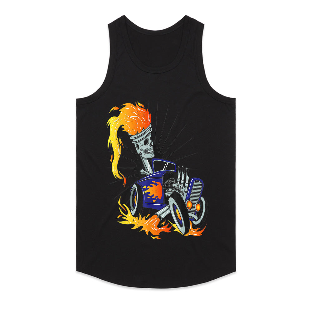 Skeleton Hot Rod T-Shirt – Flaming Piston Head Driver & Vintage Muscle Car Design