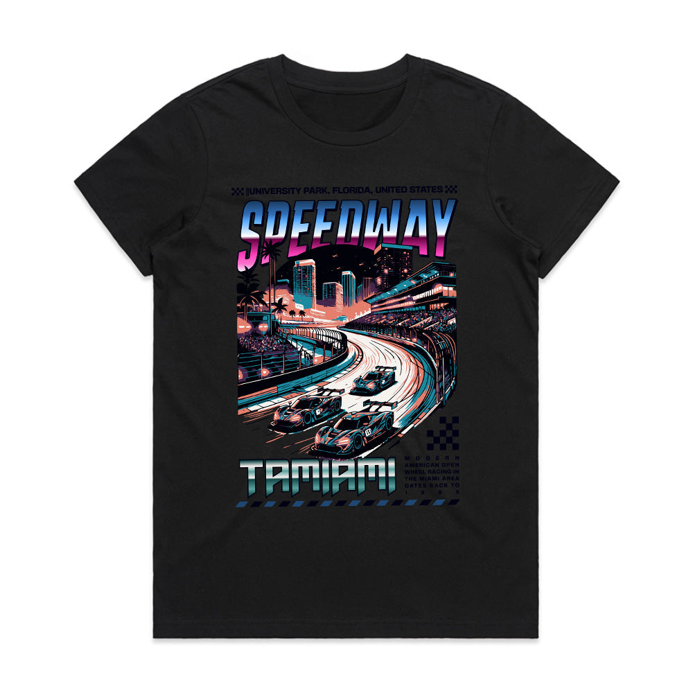 TAMIAMI SPEEDWAY Racing T-Shirt – Retro Miami Night Drive