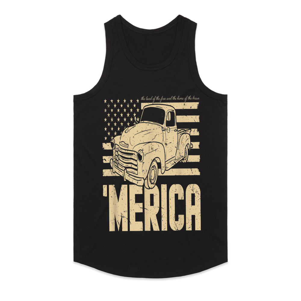 MERICA Vintage Truck T-Shirt – Classic American Flag & Retro Pickup Design