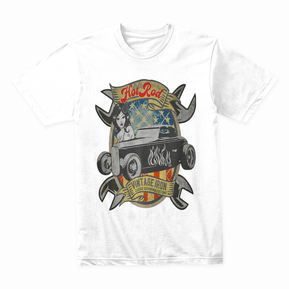 Hot Rod Vintage Iron T-Shirt – Classic California Custom Car & Pin-Up Retro Design
