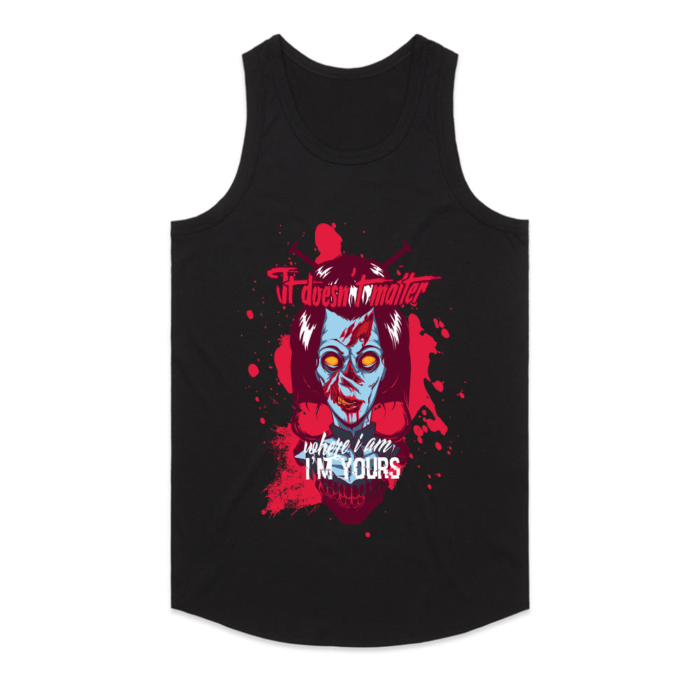 It Doesn't Matter Where I Am, I'm Yours" Horror-Themed T-Shirt – Creepy Zombie Skull Design