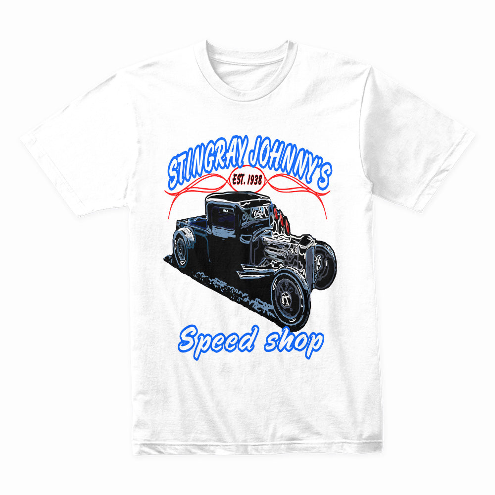 Stingray Johnny’s Speed Shop – Vintage Hot Rod Rat Rod T-Shirt