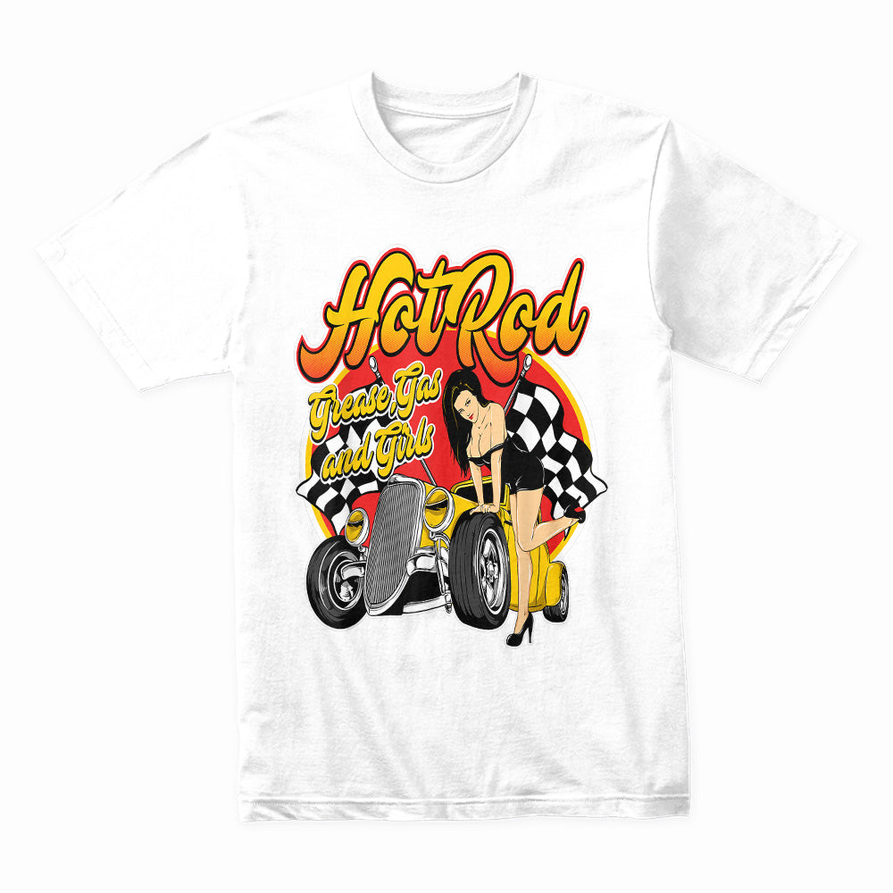 Hot Rod Pin-Up T-Shirt – Grease, Gas & Girls Vintage Rockabilly Car Tee