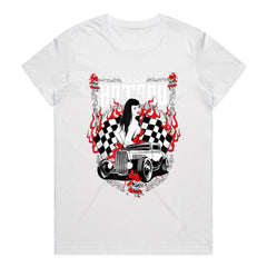 Rock ‘n’ Roll Hot Rod T-Shirt – Vintage Pin-Up & Checkered Flag Classic Car Tee