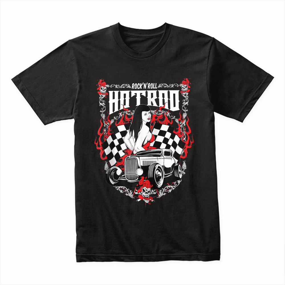 Rock ‘n’ Roll Hot Rod T-Shirt – Vintage Pin-Up & Checkered Flag Classic Car Tee