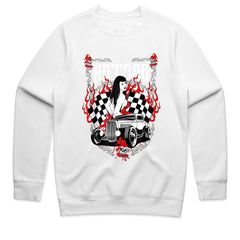 Rock ‘n’ Roll Hot Rod T-Shirt – Vintage Pin-Up & Checkered Flag Classic Car Tee