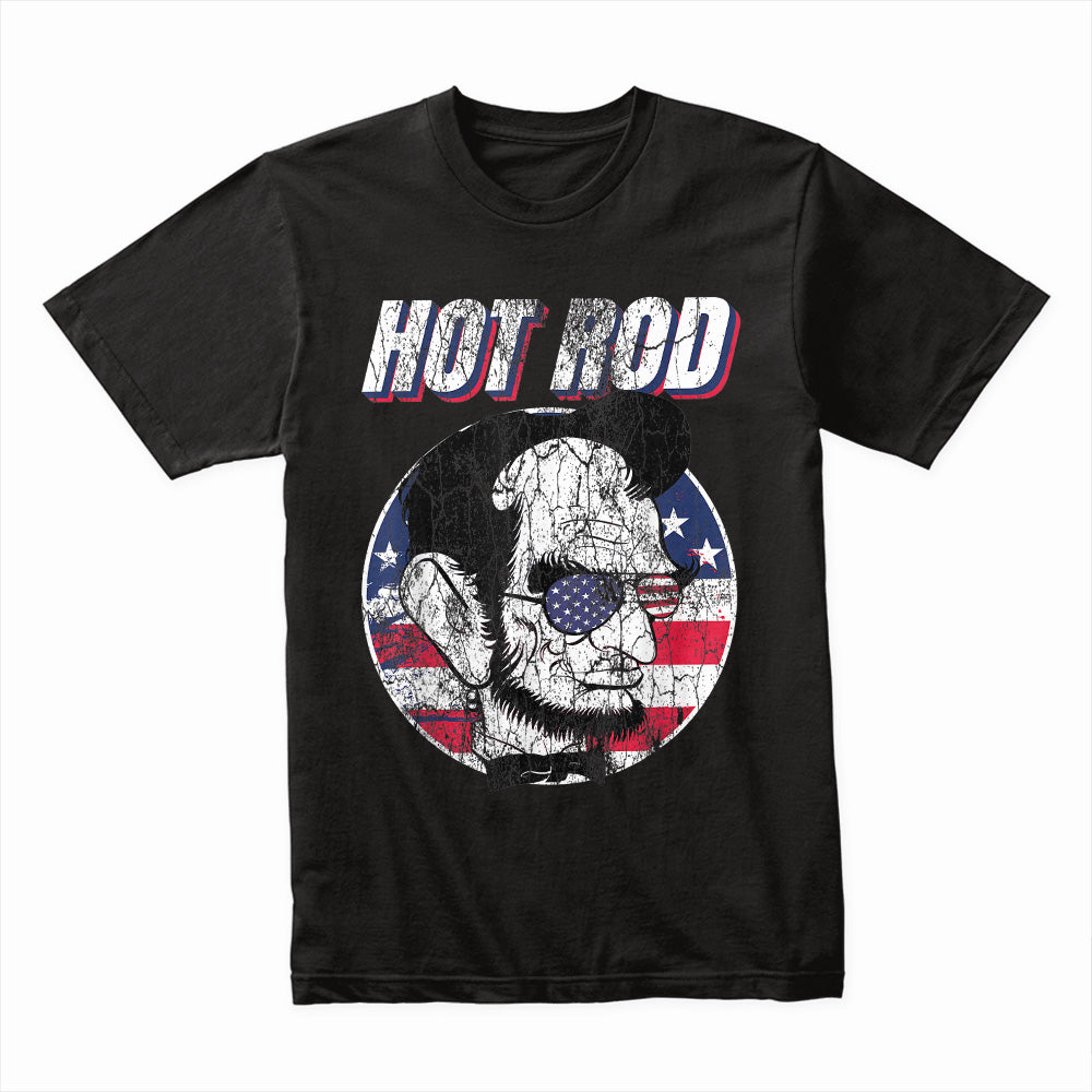 Hot Rod Abraham Lincoln T-Shirt – Patriotic Vintage Muscle Car & USA Flag Tee