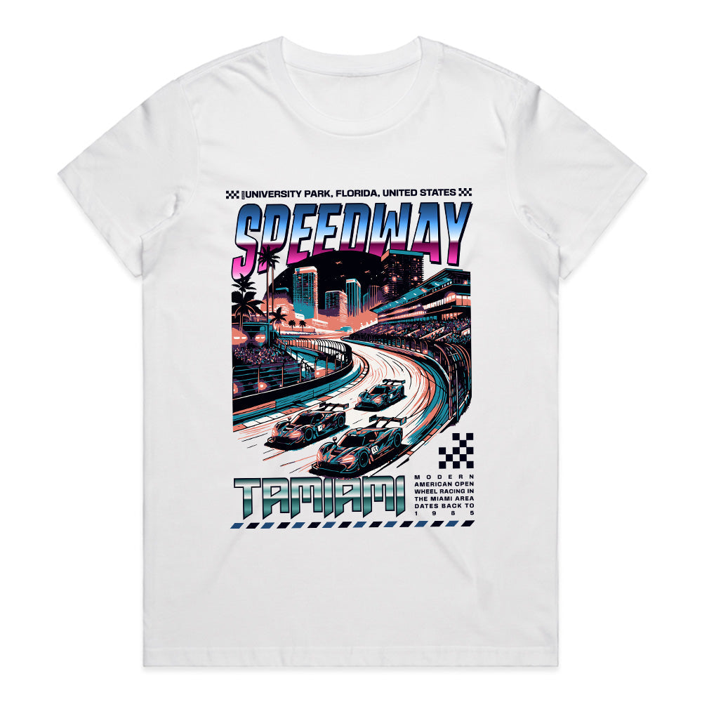 TAMIAMI SPEEDWAY Racing T-Shirt – Retro Miami Night Drive