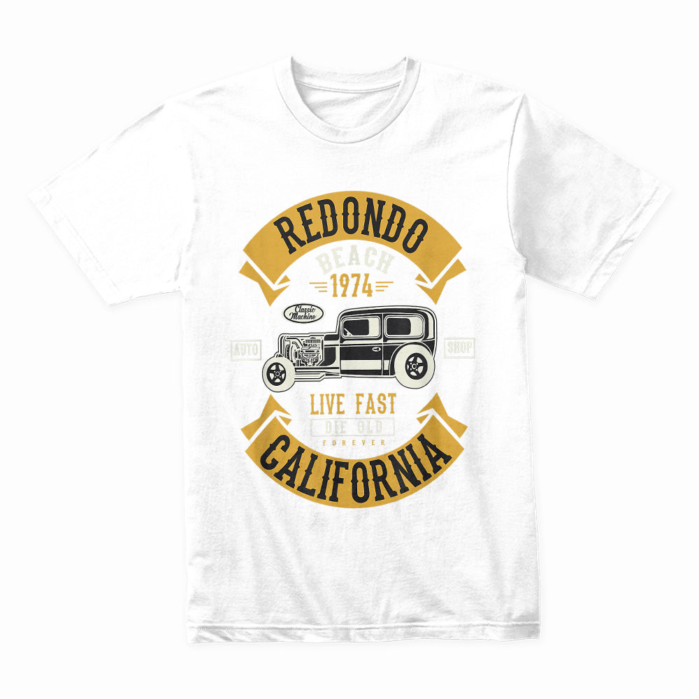 Vintage Redondo Beach California Hot Rod T-Shirt – Classic 1974 Retro Car Shop Design
