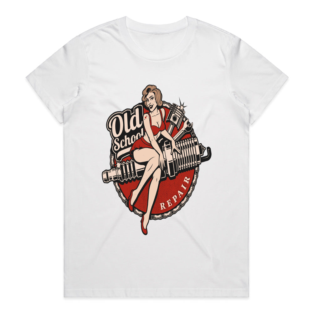 Old School Repair Pin-Up T-Shirt – Vintage Rockabilly Garage & Hot Rod Tee
