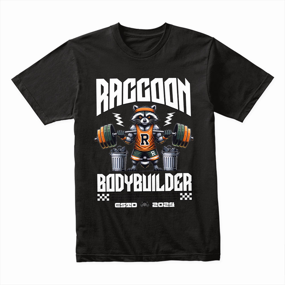Raccoon Bodybuilder Gym Tee – Funny Fitness & Powerlifting Workout Shirt