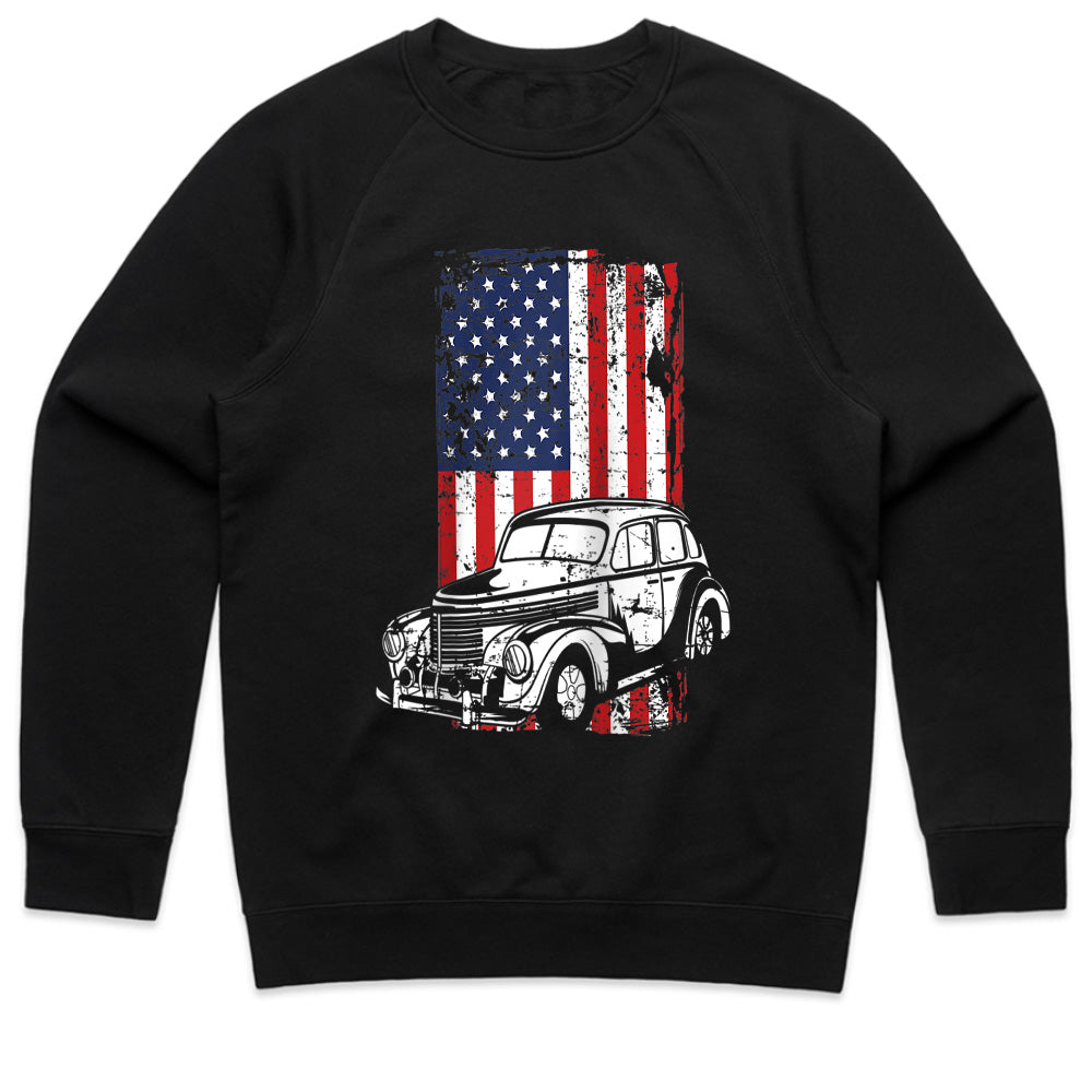 Vintage Classic Car American Flag T-Shirt – 4th of July Hot Rod Enthusiast Tee