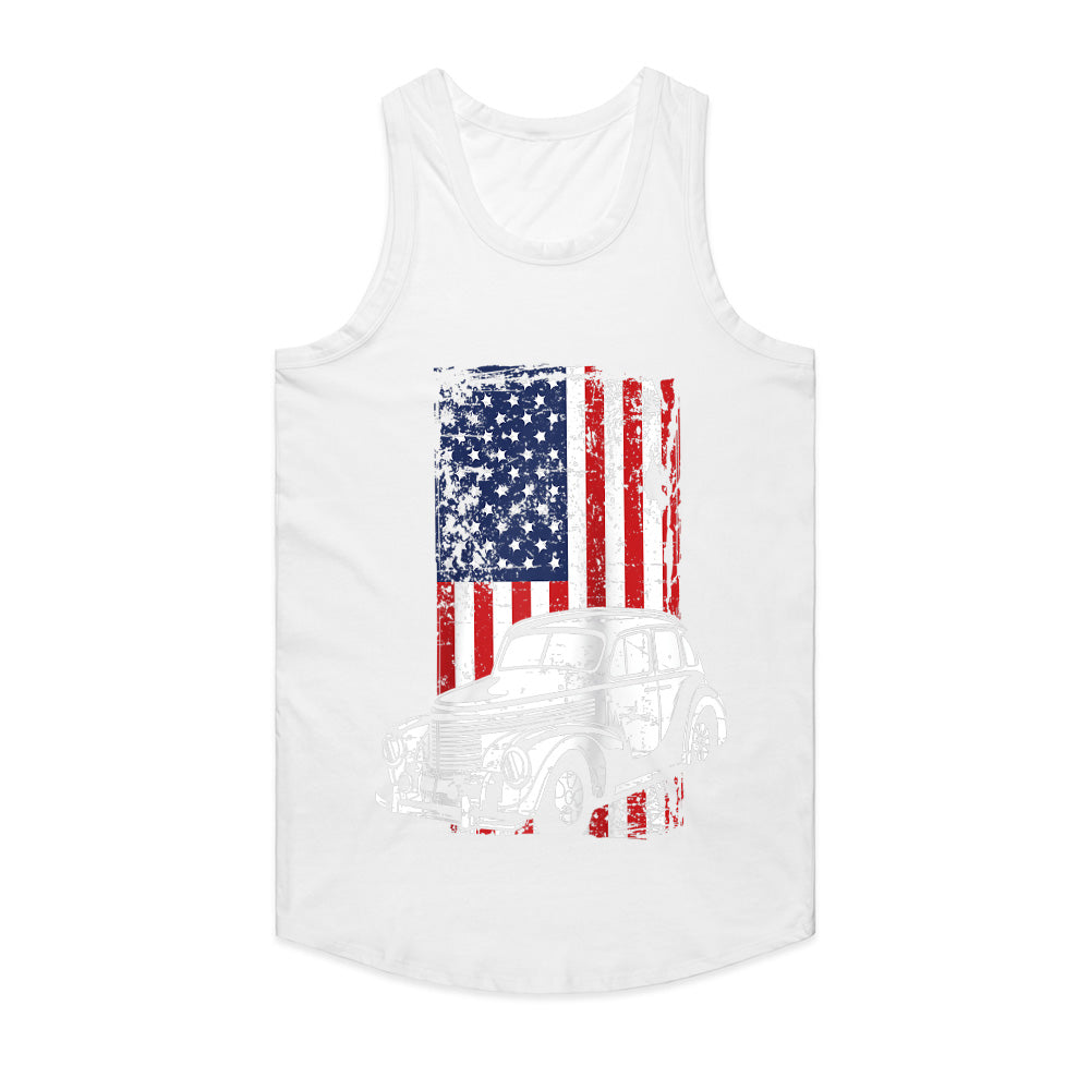Vintage Classic Car American Flag T-Shirt – 4th of July Hot Rod Enthusiast Tee