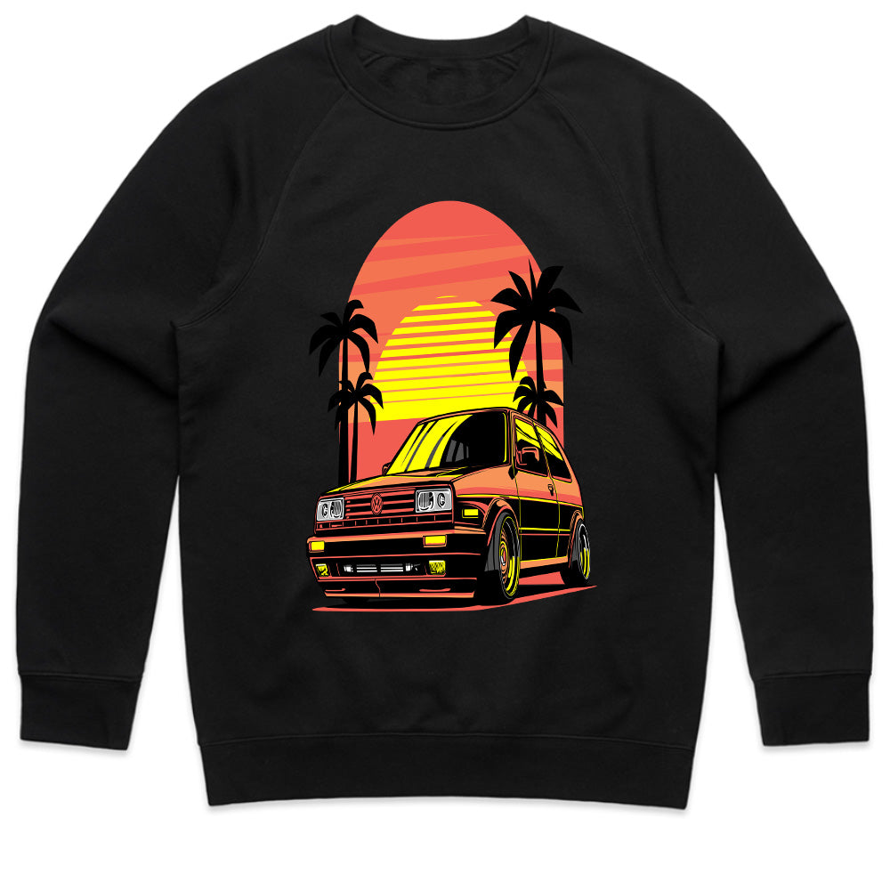 Retro Sunset VW Hatchback T-Shirt – Classic 80s & 90s Car Lover Tee