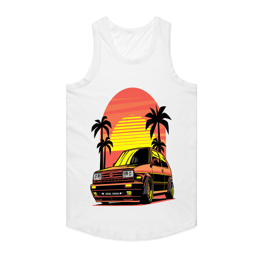 Retro Sunset VW Hatchback T-Shirt – Classic 80s & 90s Car Lover Tee