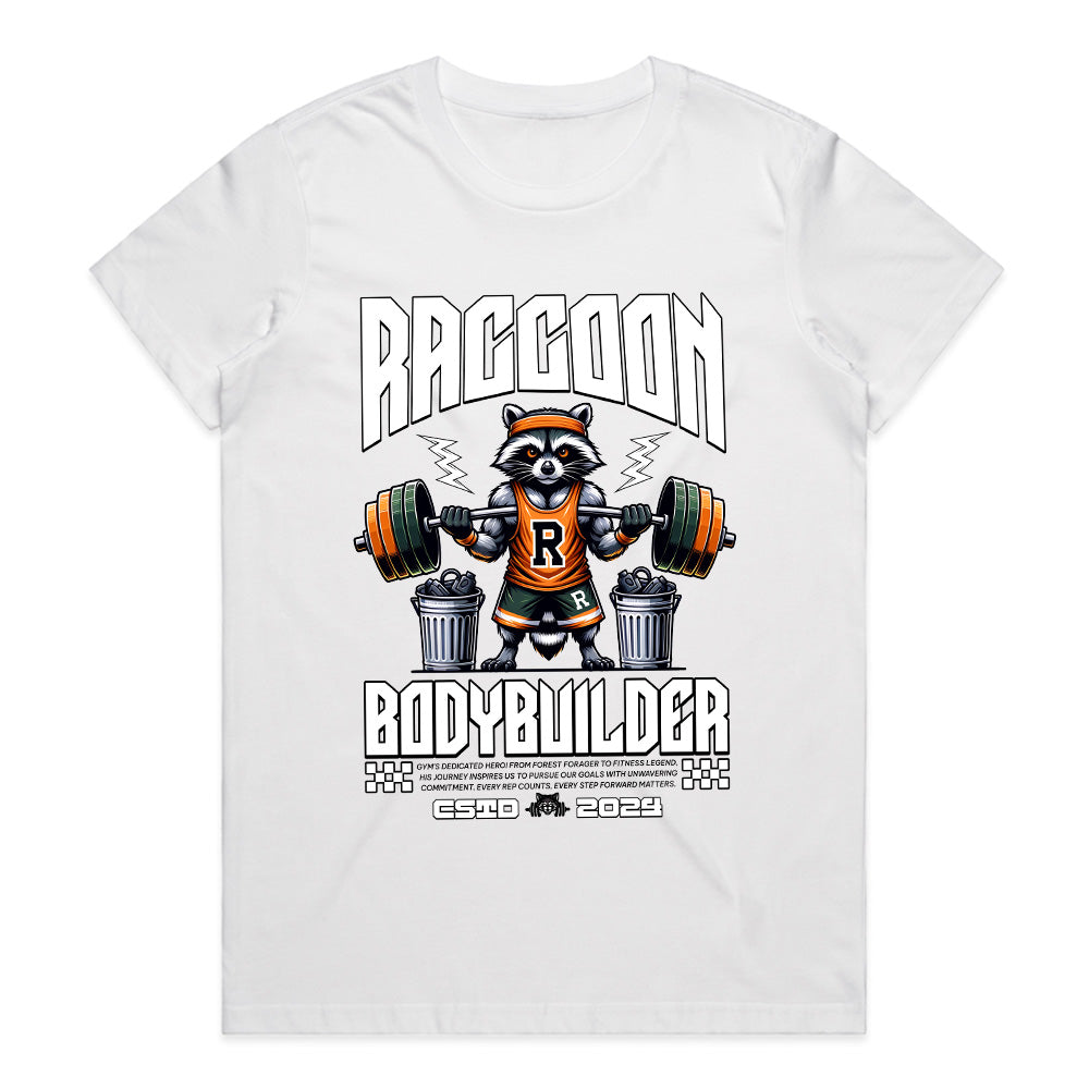 Raccoon Bodybuilder Gym Tee – Funny Fitness & Powerlifting Workout Shirt