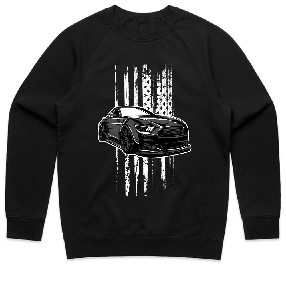 American Muscle Car T-Shirt – Sleek Black Mustang with USA Flag Design!