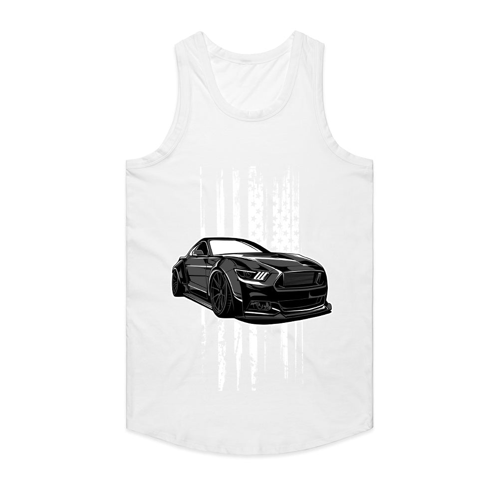 American Muscle Car T-Shirt – Sleek Black Mustang with USA Flag Design!