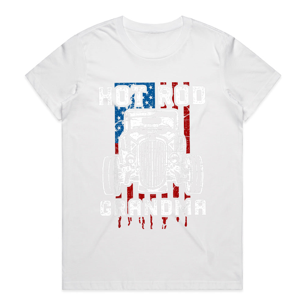 Hot Rod Grandma T-Shirt – Vintage Car & American Flag Muscle Car Tee
