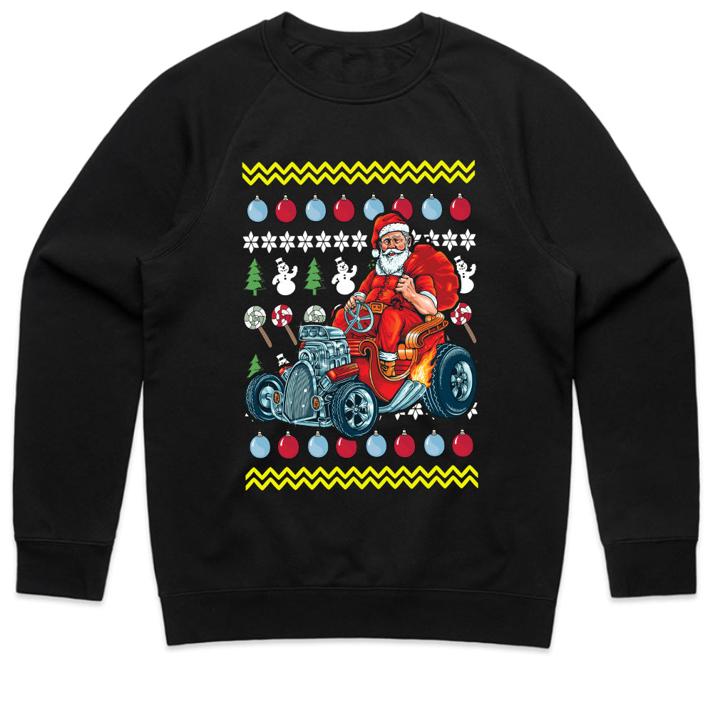 Santa’s Hot Rod Christmas T-Shirt | Funny Ugly Christmas Sweater Inspired Vintage Car Design