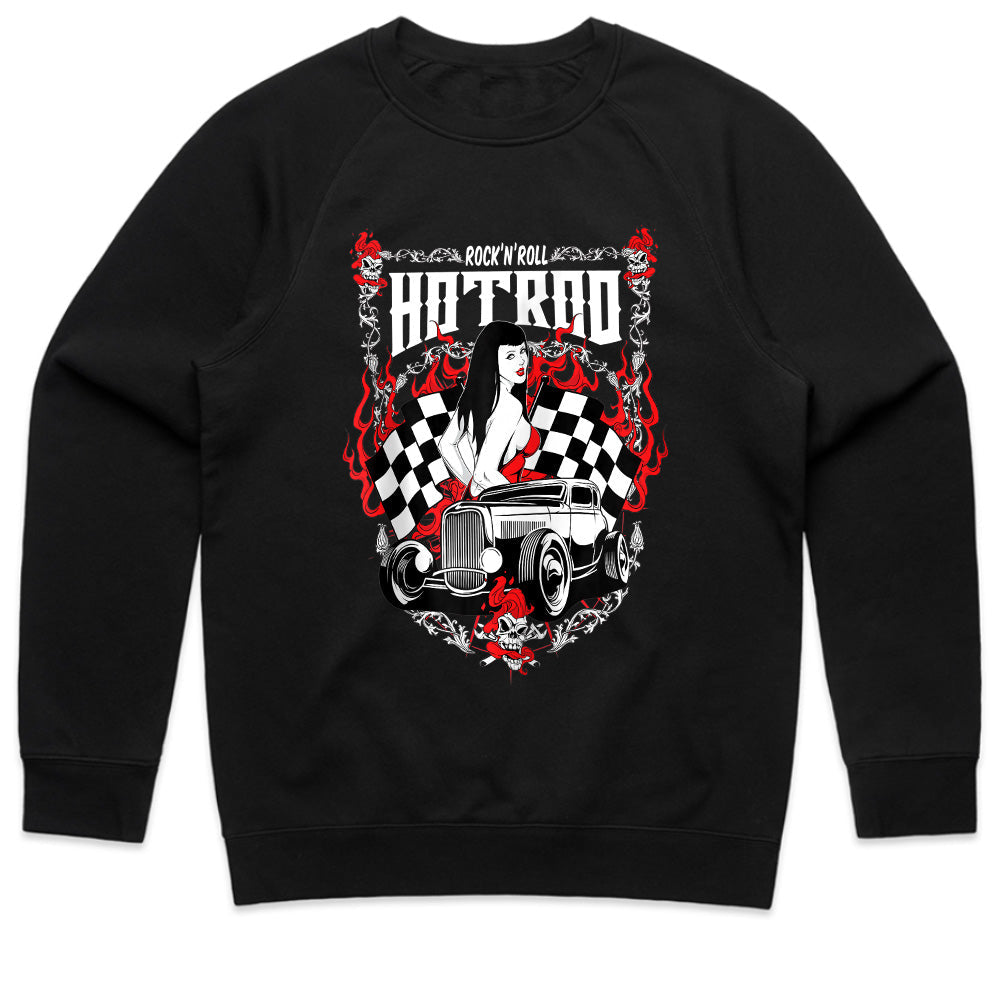 Rock ‘n’ Roll Hot Rod T-Shirt – Vintage Pin-Up & Checkered Flag Classic Car Tee