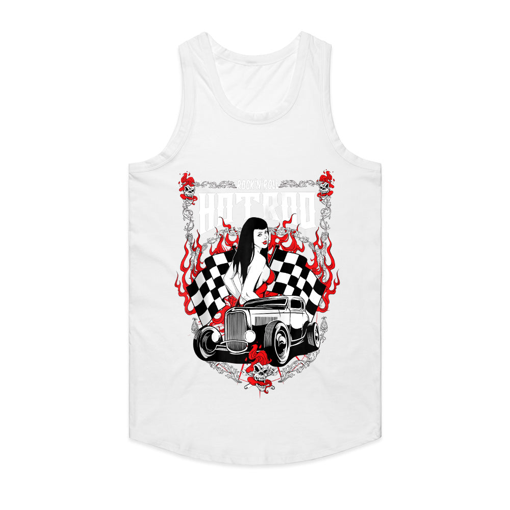 Rock ‘n’ Roll Hot Rod T-Shirt – Vintage Pin-Up & Checkered Flag Classic Car Tee