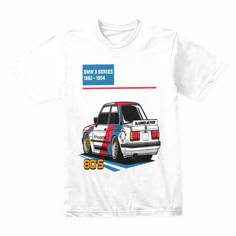 BMW E30 Retro Slammed Stance – 80s JDM-Inspired Graphic T-Shirt