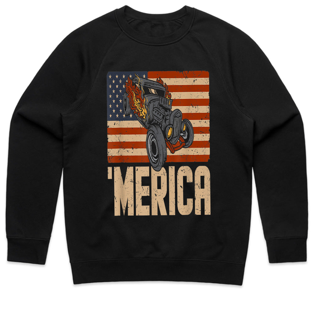 MERICA Hot Rod T-Shirt – Vintage American Flag & Muscle Car Design