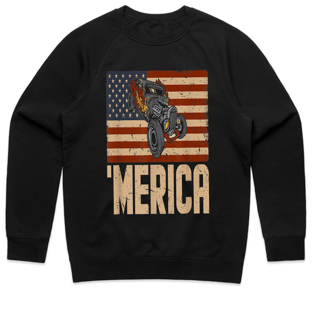 MERICA Hot Rod T-Shirt – Vintage American Flag & Muscle Car Design