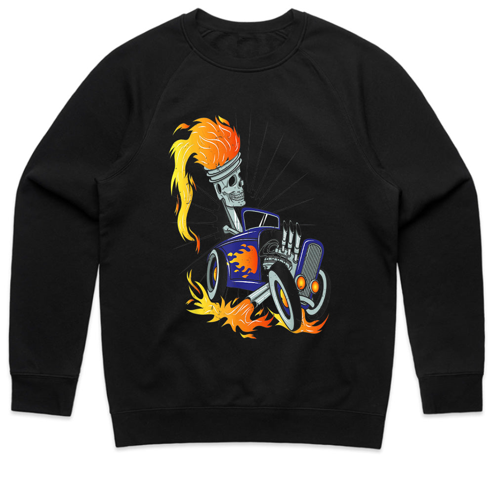 Skeleton Hot Rod T-Shirt – Flaming Piston Head Driver & Vintage Muscle Car Design