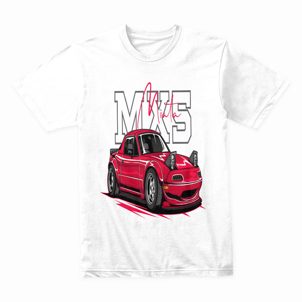"White Mazda MX-5 Miata JDM Car Graphic T-Shirt – Classic NA Roadster Design"