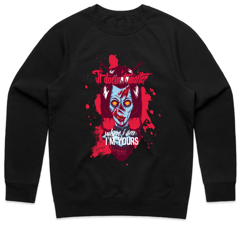 It Doesn't Matter Where I Am, I'm Yours" Horror-Themed T-Shirt – Creepy Zombie Skull Design
