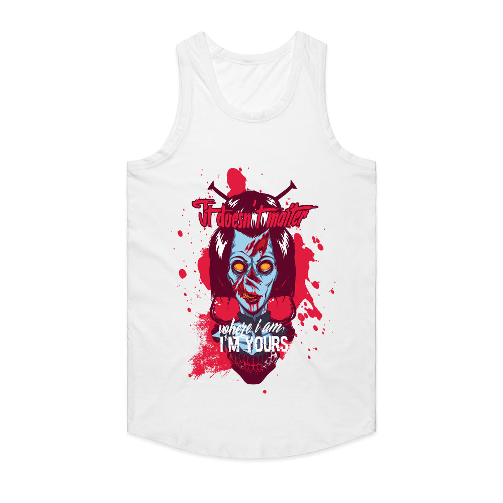 It Doesn't Matter Where I Am, I'm Yours" Horror-Themed T-Shirt – Creepy Zombie Skull Design