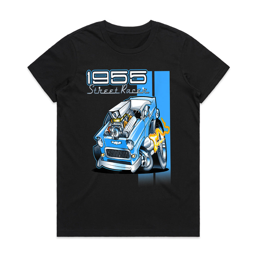 1955 Hot Rod Street Racer T-Shirt – Vintage 50s Cartoon Muscle Car Tee