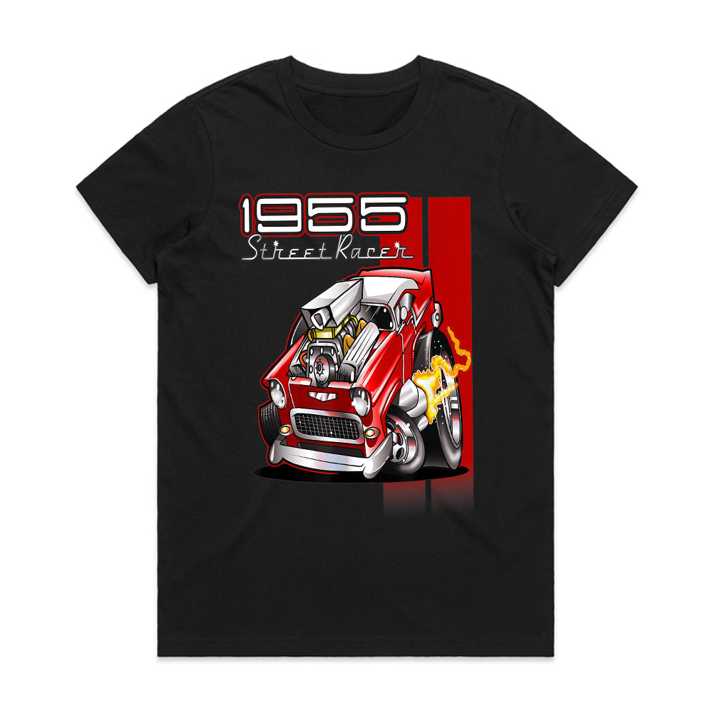 1955 Hot Rod Street Racer T-Shirt – Vintage 50s Muscle Car Cartoon Tee