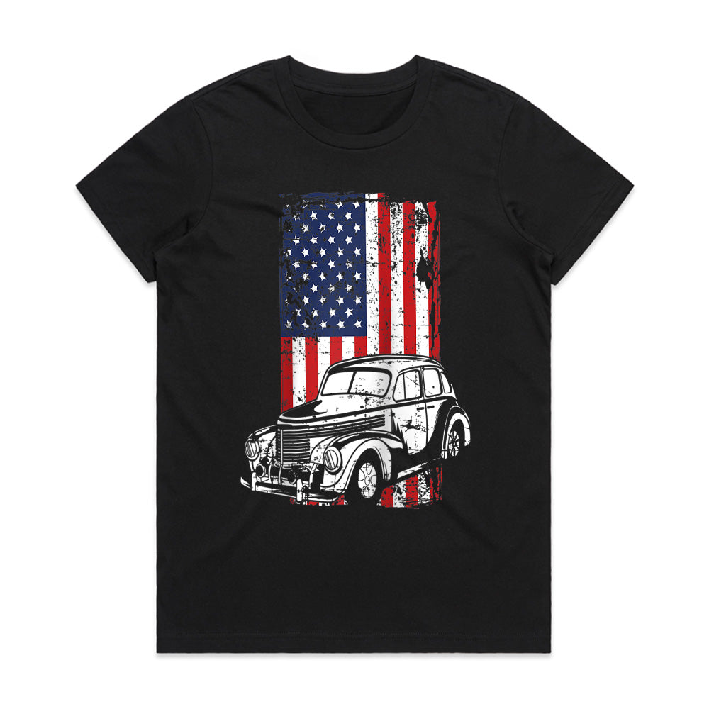Vintage Classic Car American Flag T-Shirt – 4th of July Hot Rod Enthusiast Tee