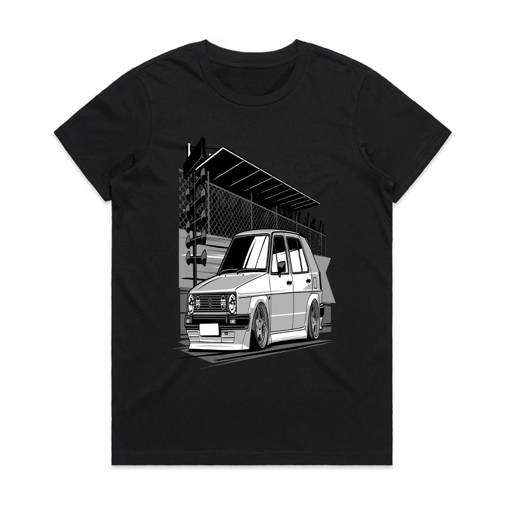 Classic VW Hatchback Drag Strip T-Shirt – Retro Performance Car Tee