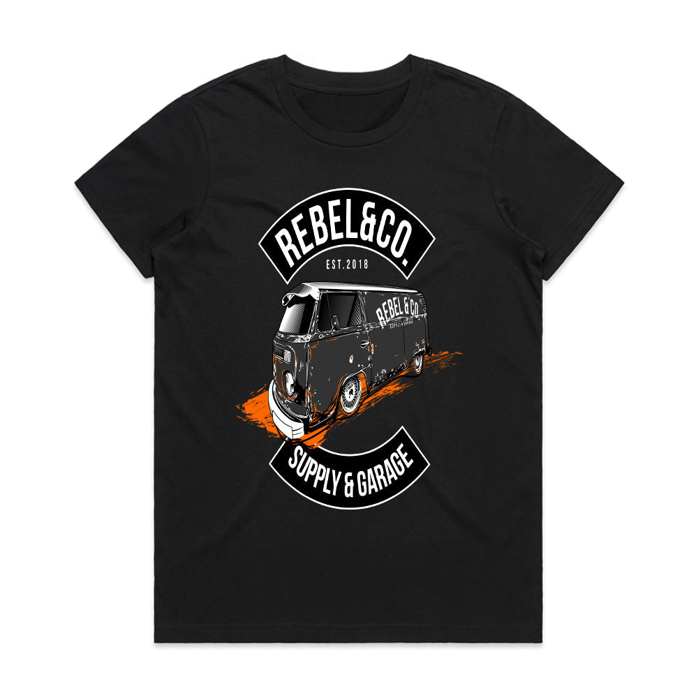 Rebel & Co. Garage" Vintage VW Bus T-Shirt
