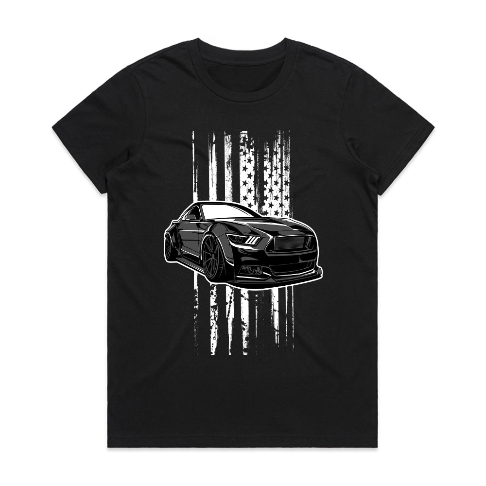 American Muscle Car T-Shirt – Sleek Black Mustang with USA Flag Design!