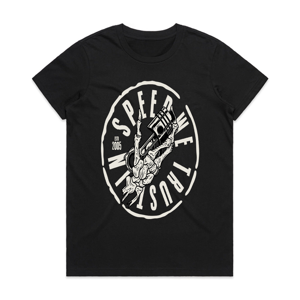 In Speed We Trust" Piston & Skeleton Hand T-Shirt – Hardcore Gearhead Style