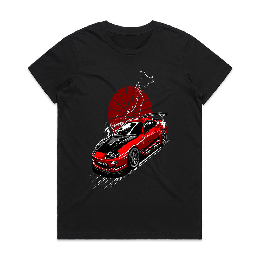 Toyota Supra JDM Legend T-Shirt – Red MK4 with Rising Sun Design