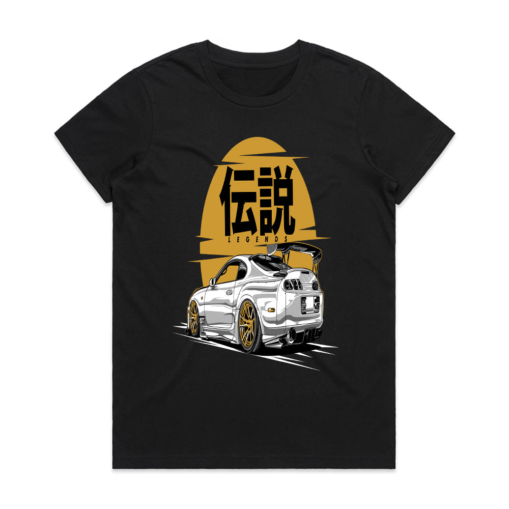 Toyota Supra MK4 "Legends" JDM T-Shirt – White Supra with Gold Accents