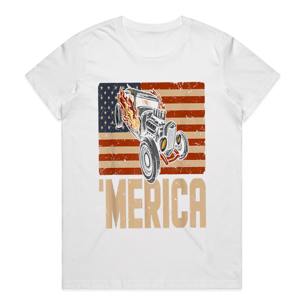 MERICA Hot Rod T-Shirt – Vintage American Flag & Muscle Car Design