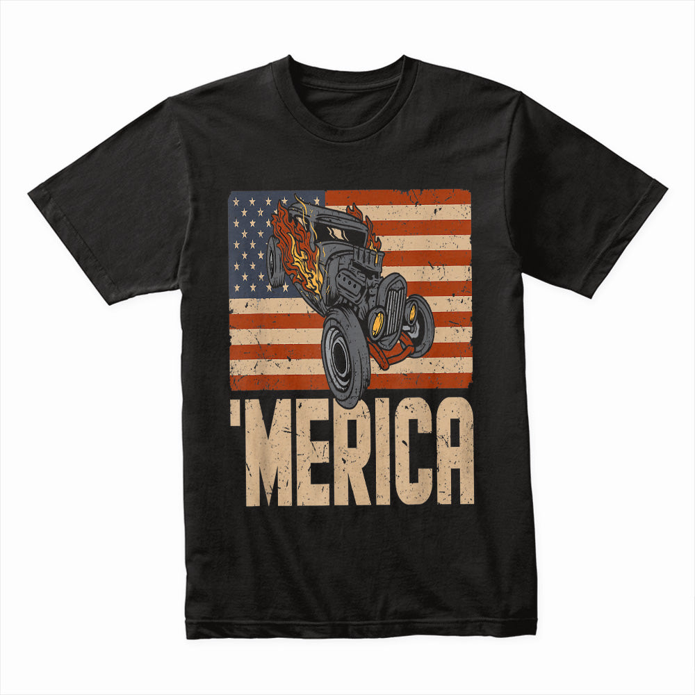 MERICA Hot Rod T-Shirt – Vintage American Flag & Muscle Car Design