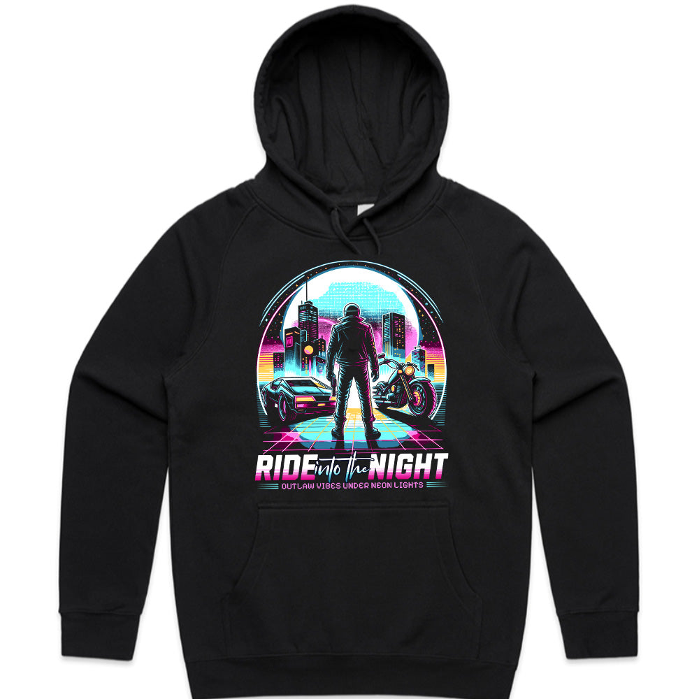 Ride Into the Night – Neon Cyberpunk Outlaw Graphic T-Shirt