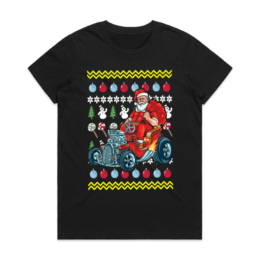 Santa’s Hot Rod Christmas T-Shirt | Funny Ugly Christmas Sweater Inspired Vintage Car Design